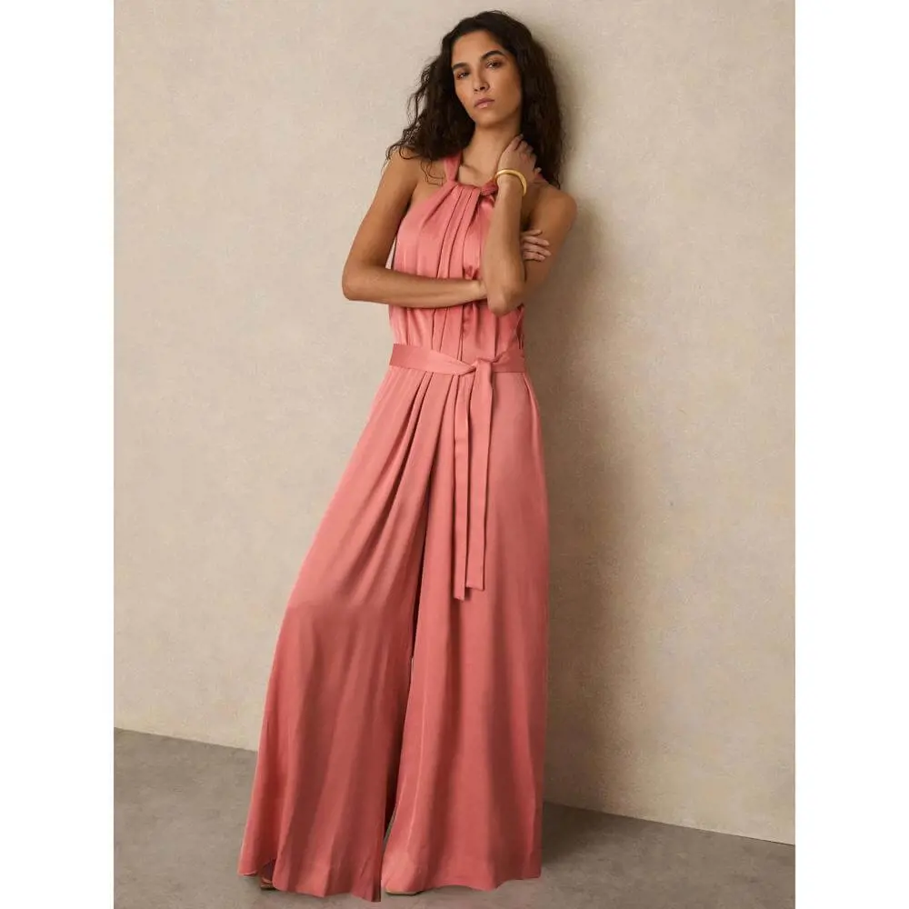 REISS ROSIN Satin Wide Leg Draped Jumpsuit